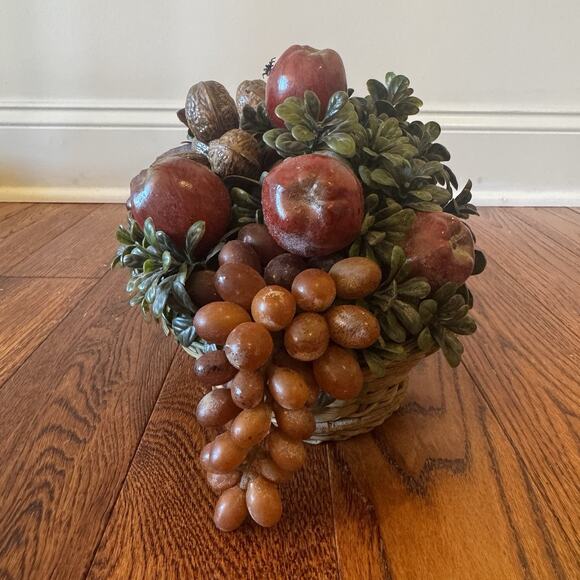 Vintage Plastic Fruit Arrangement Woven Basket Walnuts Apples Grapes Ladybug MCM - Picture 4 of 13